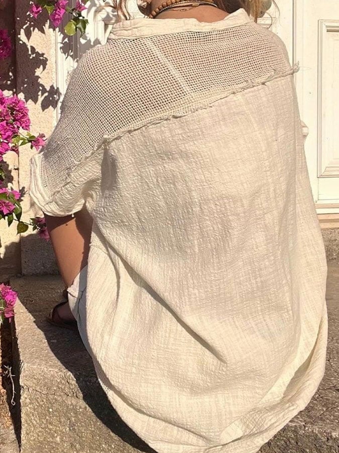 Women's cotton and linen casual V-neck shirt