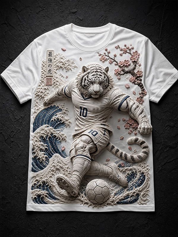 Men's Japanese Style Tiger Soccer Player Cherry Blossom And Wave Art Print T-Shirt
