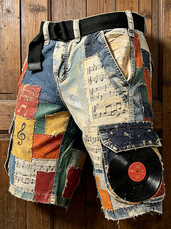 Men's Musical Notes Vinyl Records Oil Painting Texture Art Print Denim-Like Casual Shorts