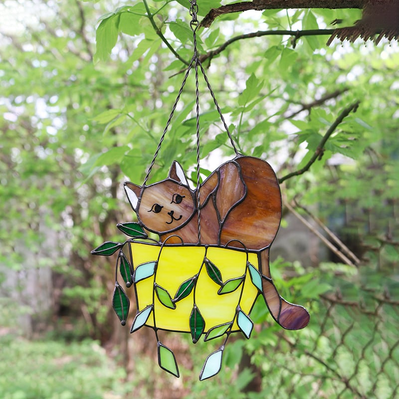 🔥LAST DAY 49% OFF-Cat in a flowerpot Suncatcher Stained Glass Window Hangins😽