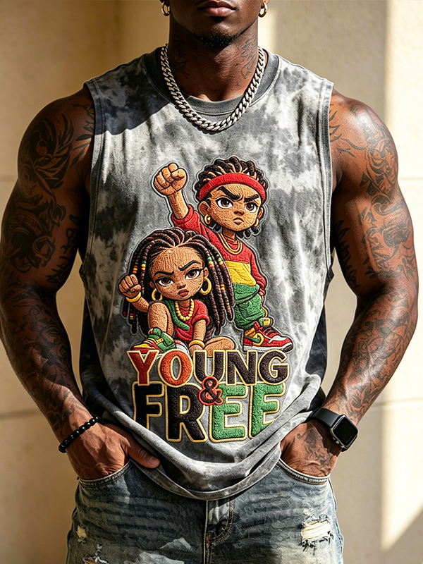 Men's Young And Free Cartoon Tie-Dye Black History Juneteenth Art Print Tank Top