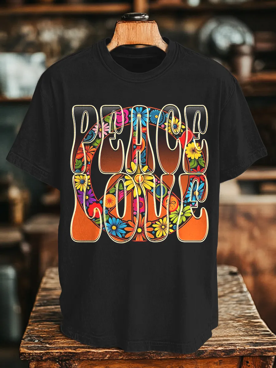 Men's Peace Love Floral Peace Sign Print Cotton Casual T-Shirt
