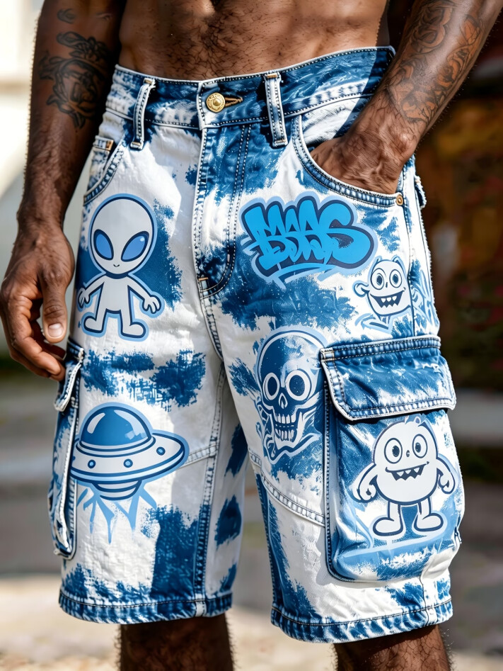 Men's Vintage Tie Dye Alien Ufo Graffiti Print Cargo Shorts