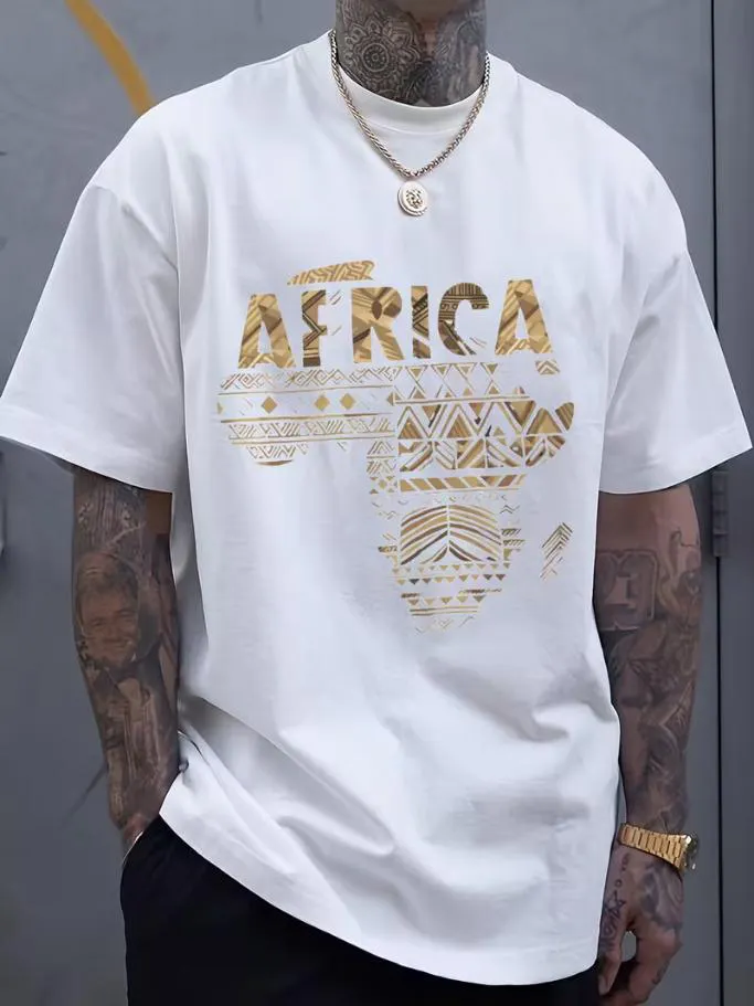 Men's Map of Africa Tribal Geometric Print Cotton Casual T-Shirt