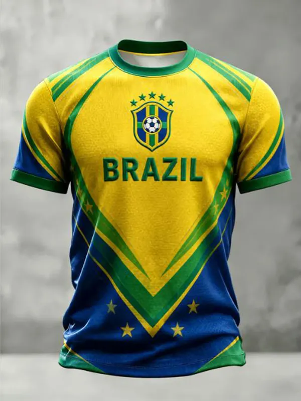Men's Brazil Football Team Colorblock Print Casual T-Shirt