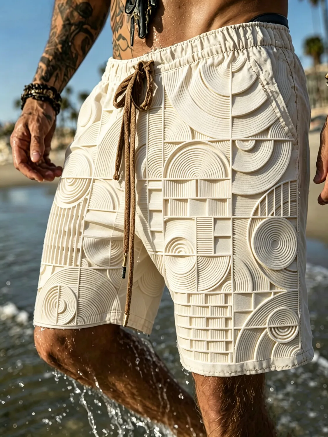 Men's 3D Embossed Geometric Circle Grid Print Casual Shorts