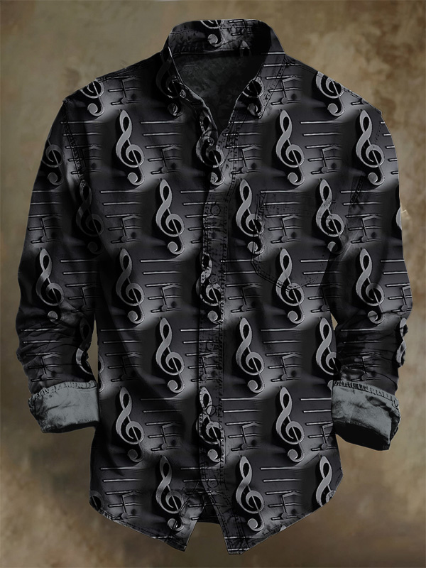 Men's 3D Musical Notes Print Long Sleeve Shirt
