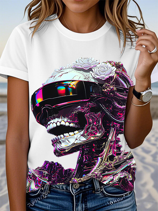Women's Cyberpunk Skeleton Art Print Casual T-Shirt