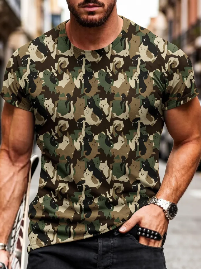 Men's Fun Cat Camouflage Geometric Print Casual T-Shirt