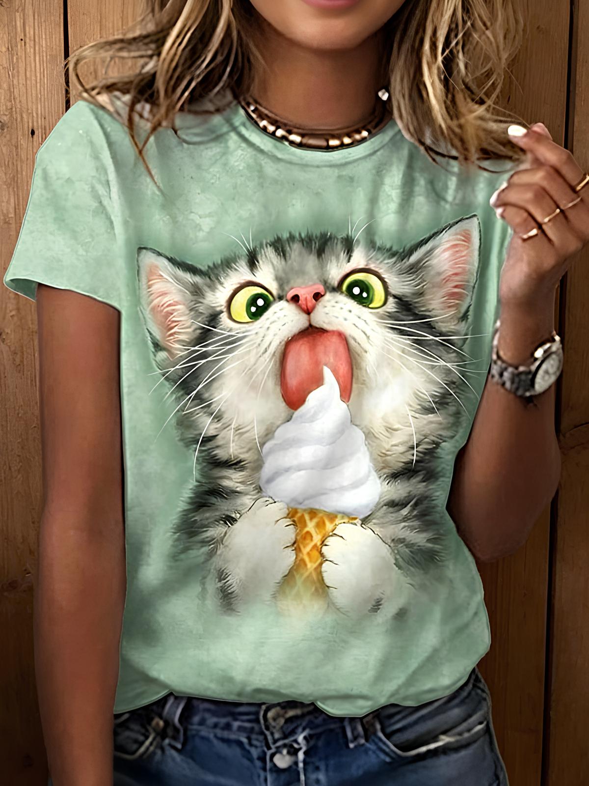 Women's Cute Cat Ice Cream Art Print Casual T-Shirt