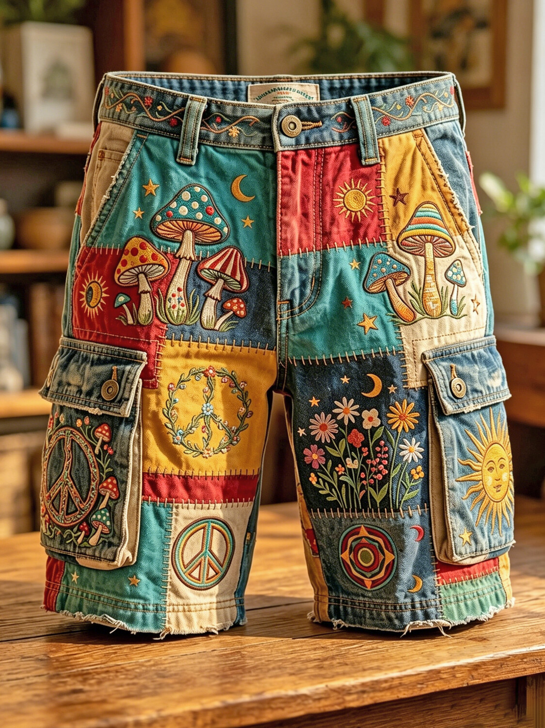 Men's Hippie Art Sun Mushroom Ditsy Floral Peace Sign Print Cargo Shorts