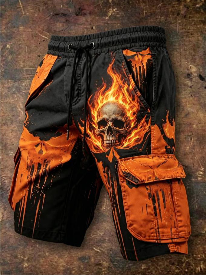 Men's Skeleton Flames Dark Art Print Drawstring Cargo Shorts