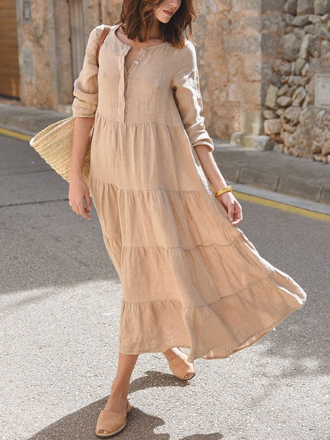 Women's Casual Solid Color Round Neck Long Sleeve Splicing Dress