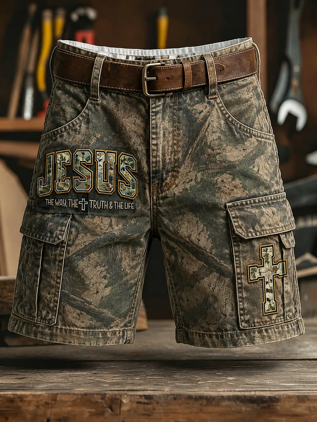 Men's Camo Jesus The Way The Truth The Life Cross Print Casual Shorts