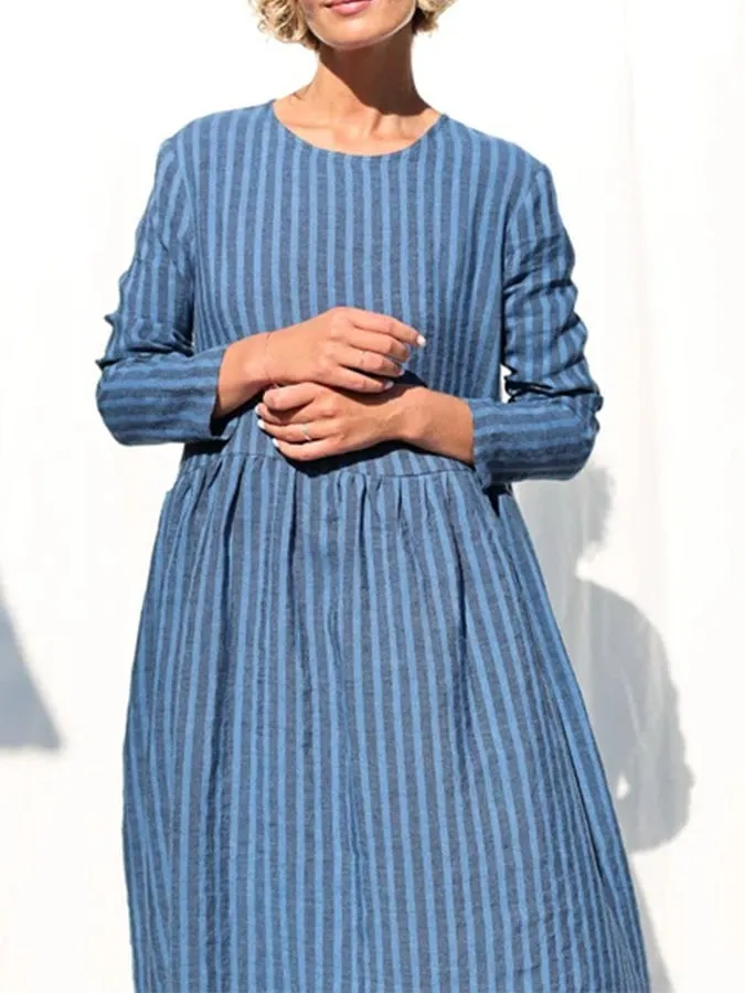 Women's Casual Solid Color Round Neck Long Sleeve Striped Print Dress