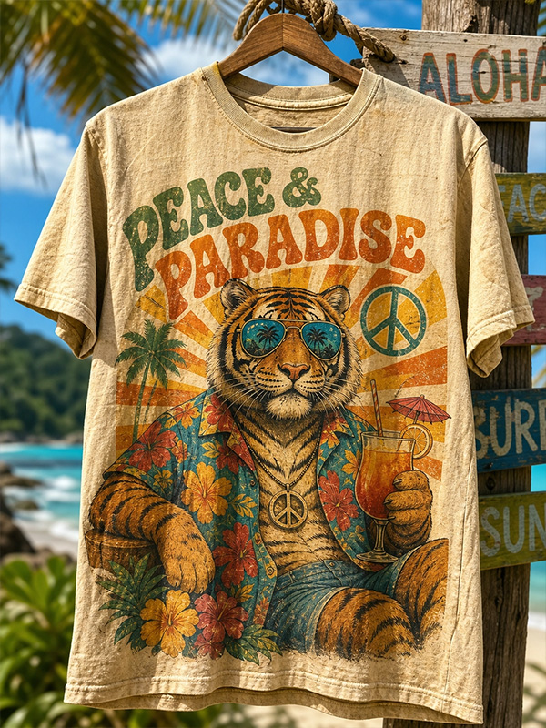 Men's Vintage Peace & Paradise Tiger Art Print T-Shirt