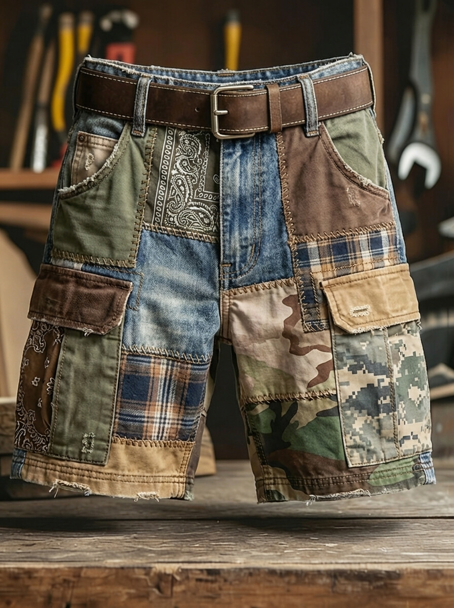 Men's Vintage Multi-Pattern Patchwork Camouflage And Plaid Art Print Denim Casual Shorts