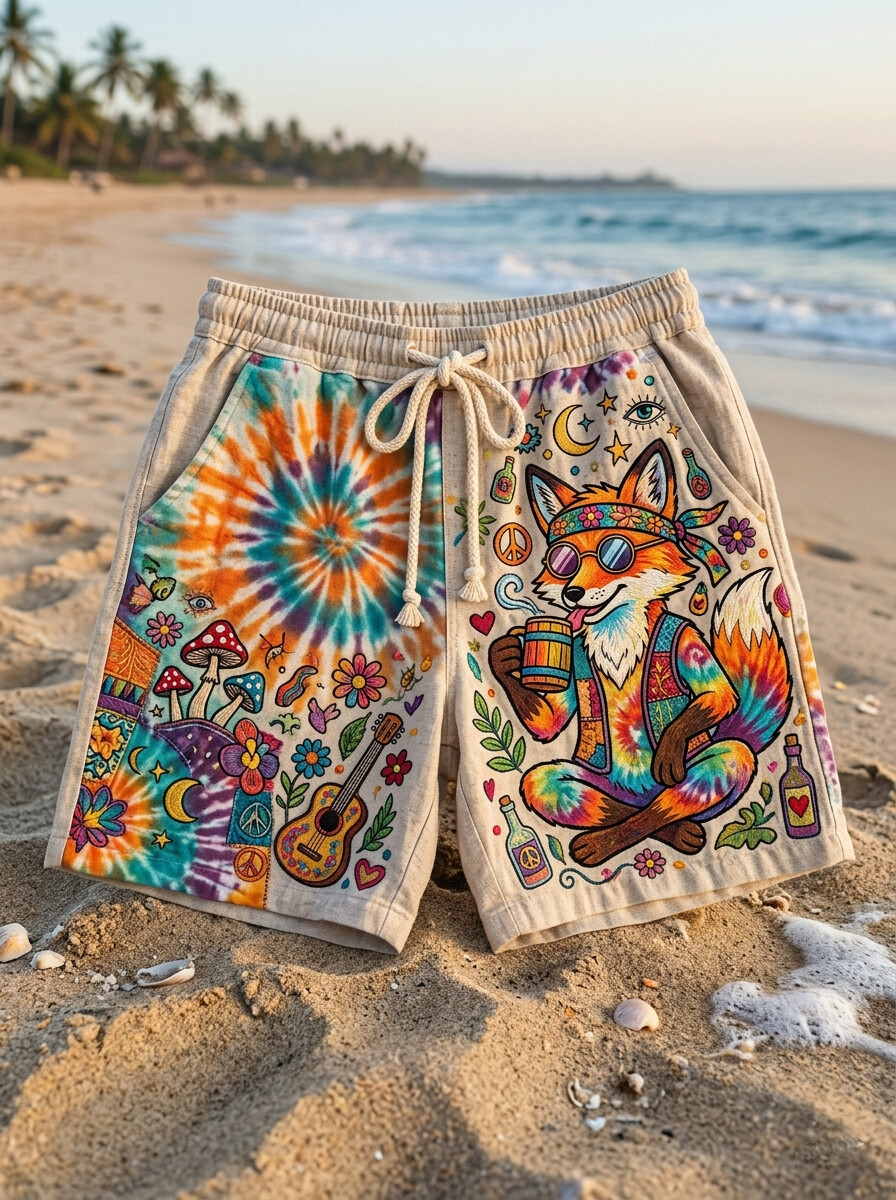 Men's Tie Dye Fox Guitar Vacation Hawaiian Style Print Casual Shorts