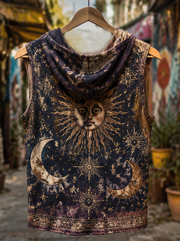 Men's Tie Dye Sun Moon Celestial Print Hooded Tank Top