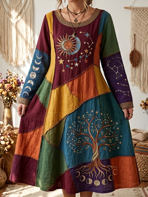 Women's Vintage Mystical Bohemian Stars Moons Color Blocking Print Casual Maxi Dress