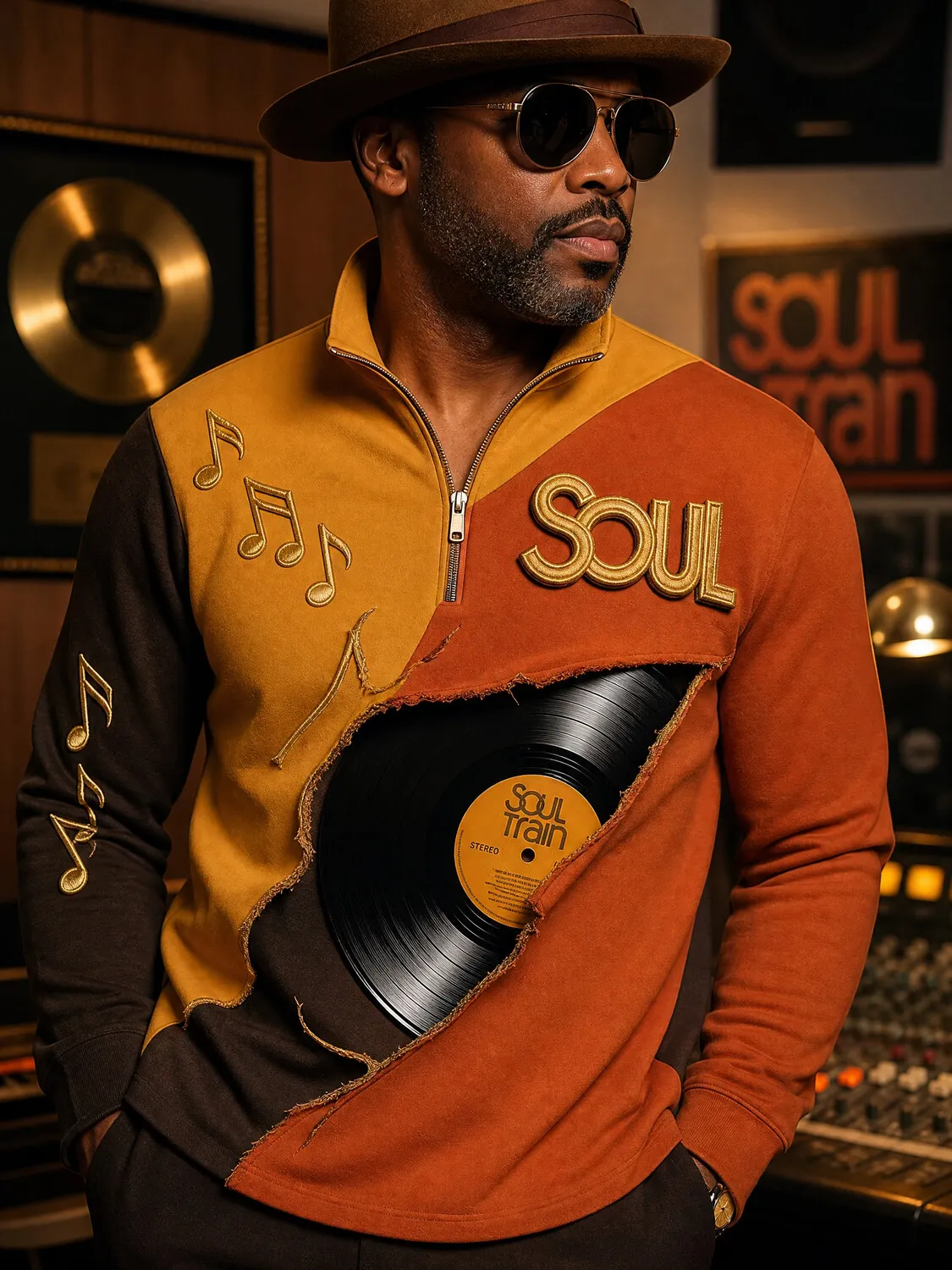 Men's Retro Color Block SOUL Vinyl Music Note Art Print Half Zip Sweatshirt