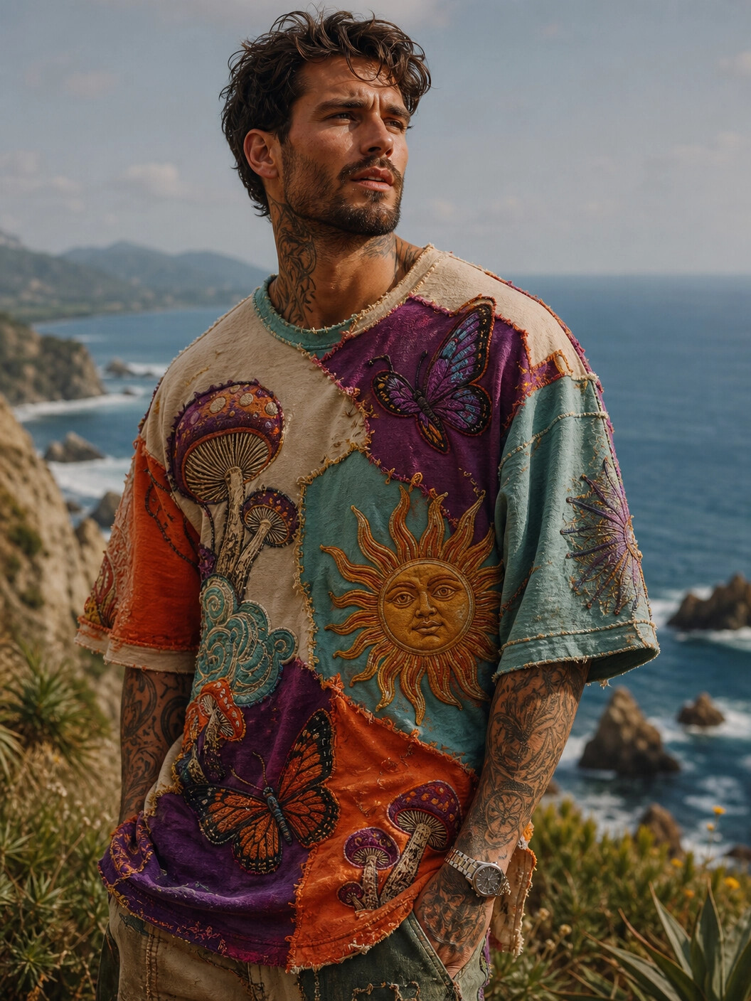 Men's Hippie Art Mushroom Sun Butterfly Graphic Color Block Print Casual T-Shirt
