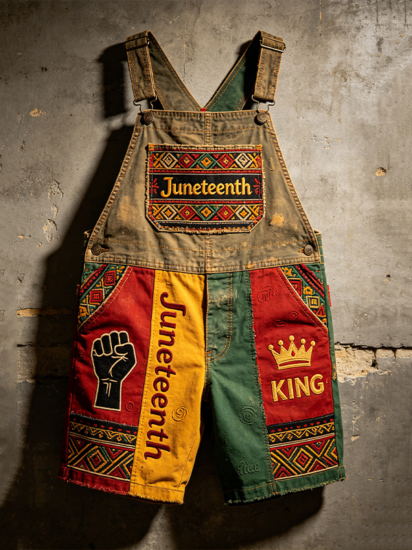 Men's Juneteenth Black Fist King Print Shorts Overalls