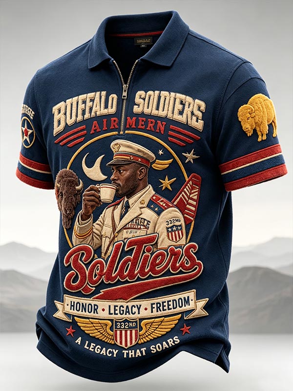 Men's Airmen Buffalo Soldiers Vintage Slogan Art Print Half Zip Polo Shirt