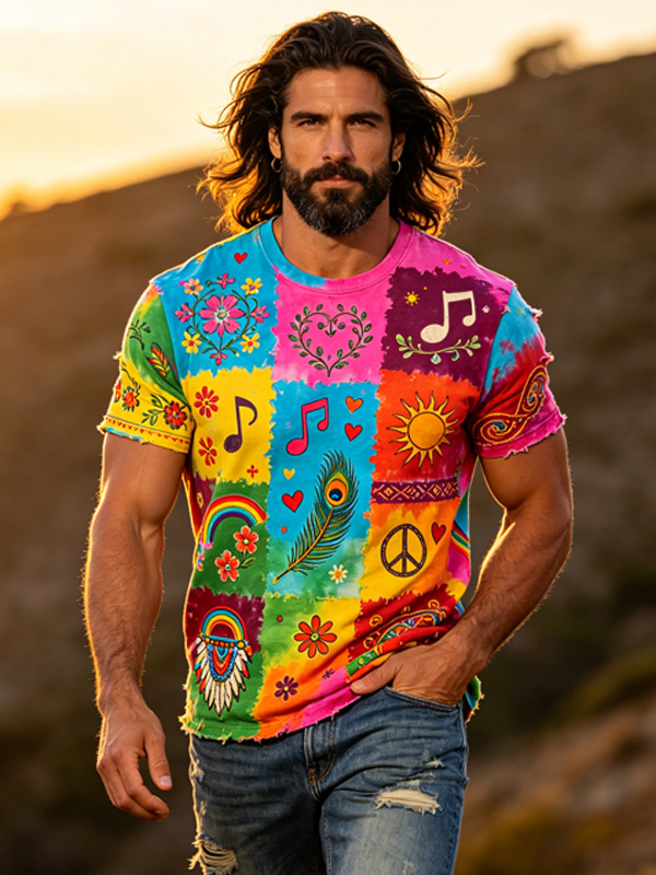 Men's Hippie Art Sun Notes Flowers Colorblock Print Casual T-Shirt