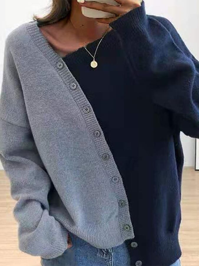 Ladies Patchwork Color Button Pullover