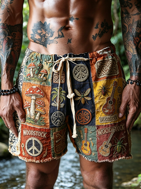 Men's Guitar Insects Geometric Collage Hippie Art Print Casual Shorts