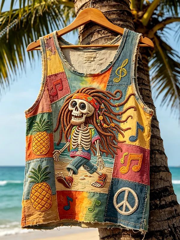 Men's Reggae Skeleton Beach Pineapple Peace Sign Patchwork Art Print Tank Top