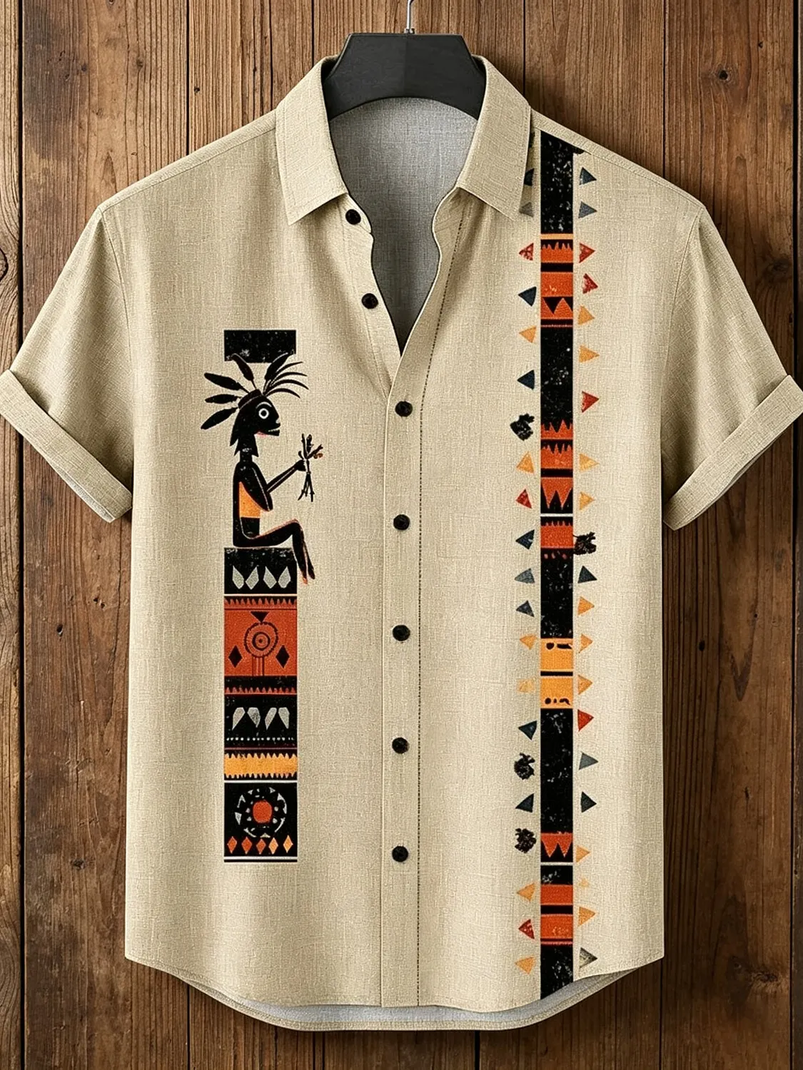 Men's Vintage Native American Petroglyph Tribal Totem Art Print Casual Shirt