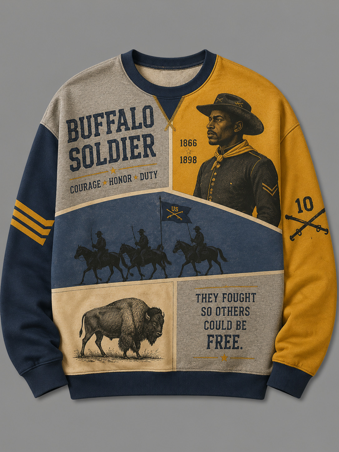 Men's Patchwork Buffalo Soldier 1866 Vintage US Cavalry Bison Horse Art Print Casual Sweatshirt