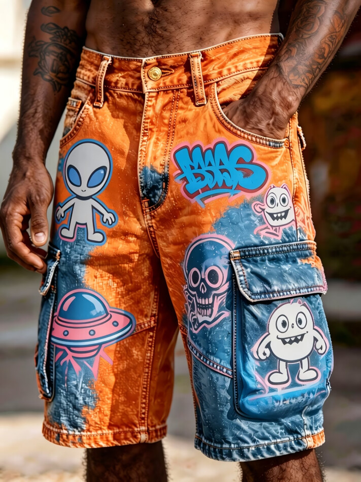 Men's Vintage Tie Dye Alien Ufo Graffiti Print Cargo Shorts