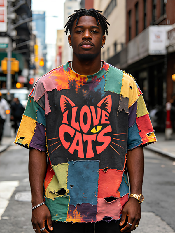 Men's I Love Cats Graffiti Patchwork Blending Print Drop Shoulder Casual T-Shirt