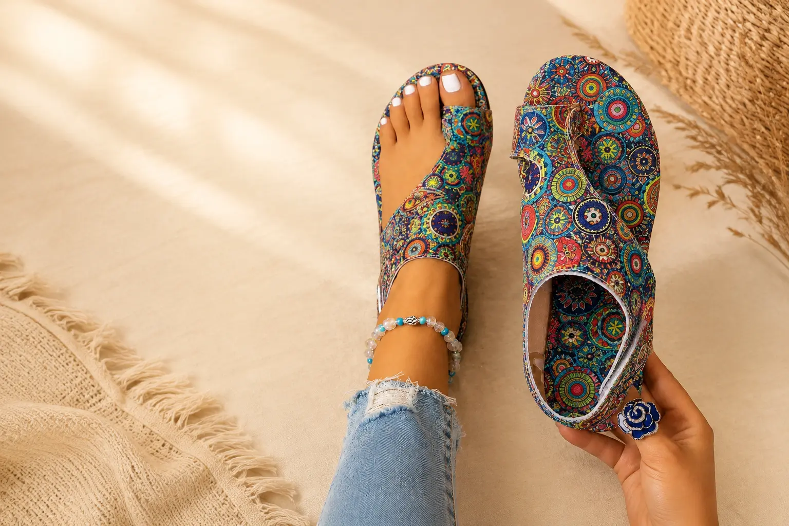 Women's blue multicolor paisley split-toe sandals with wraparound fabric upper