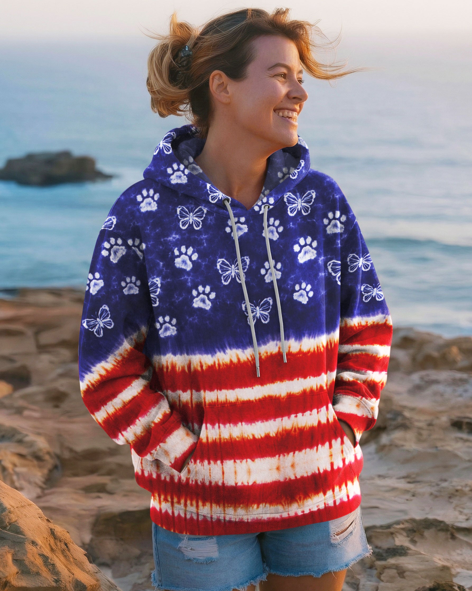 PAW PRINT BUTTERFLY RED WHITE & BLUE SWIRL ALL OVER PRINT - TLNO0304261
