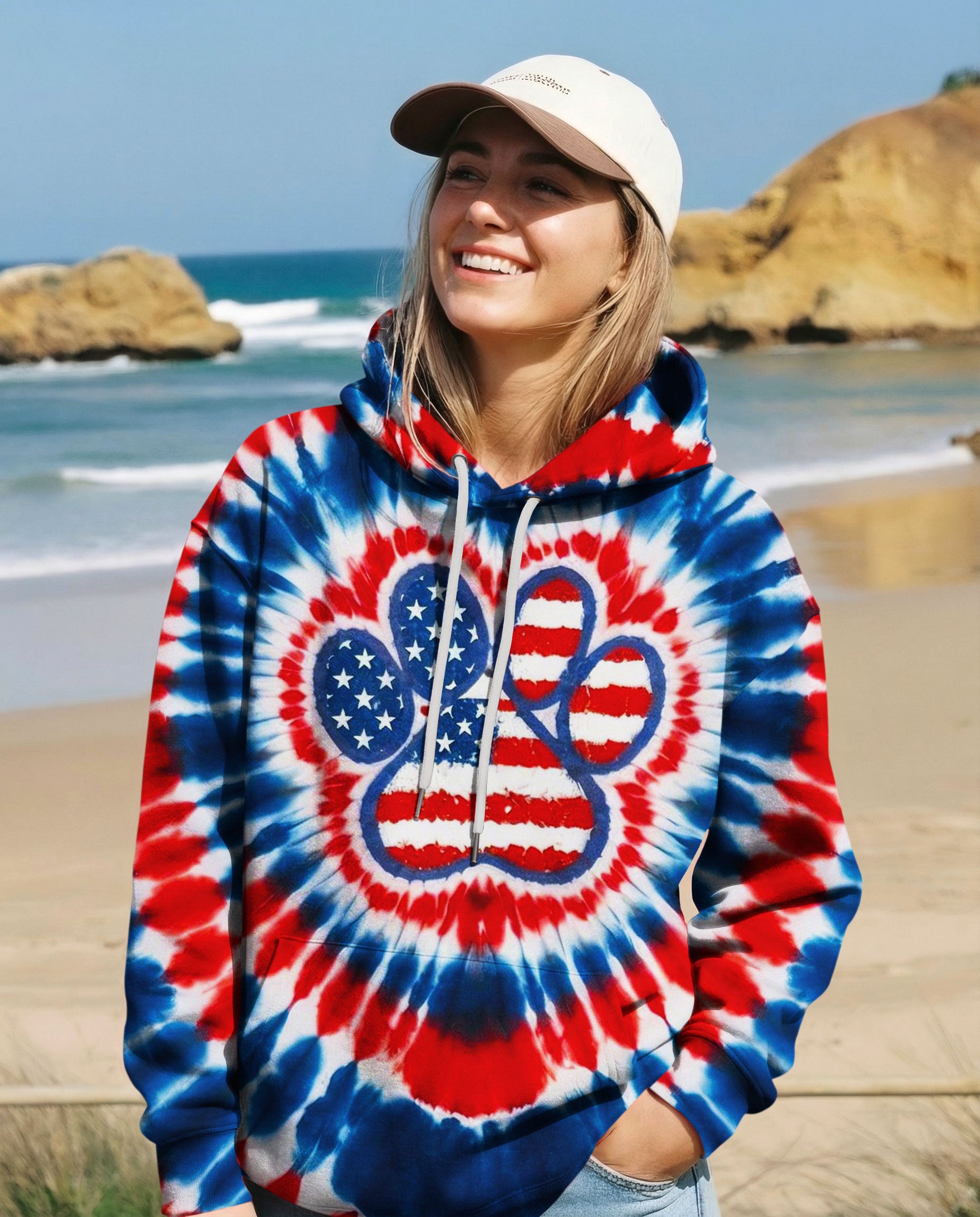 PAW PRINT RED WHITE & BLUE HEART SWIRL ALL OVER PRINT - TLNO1803262