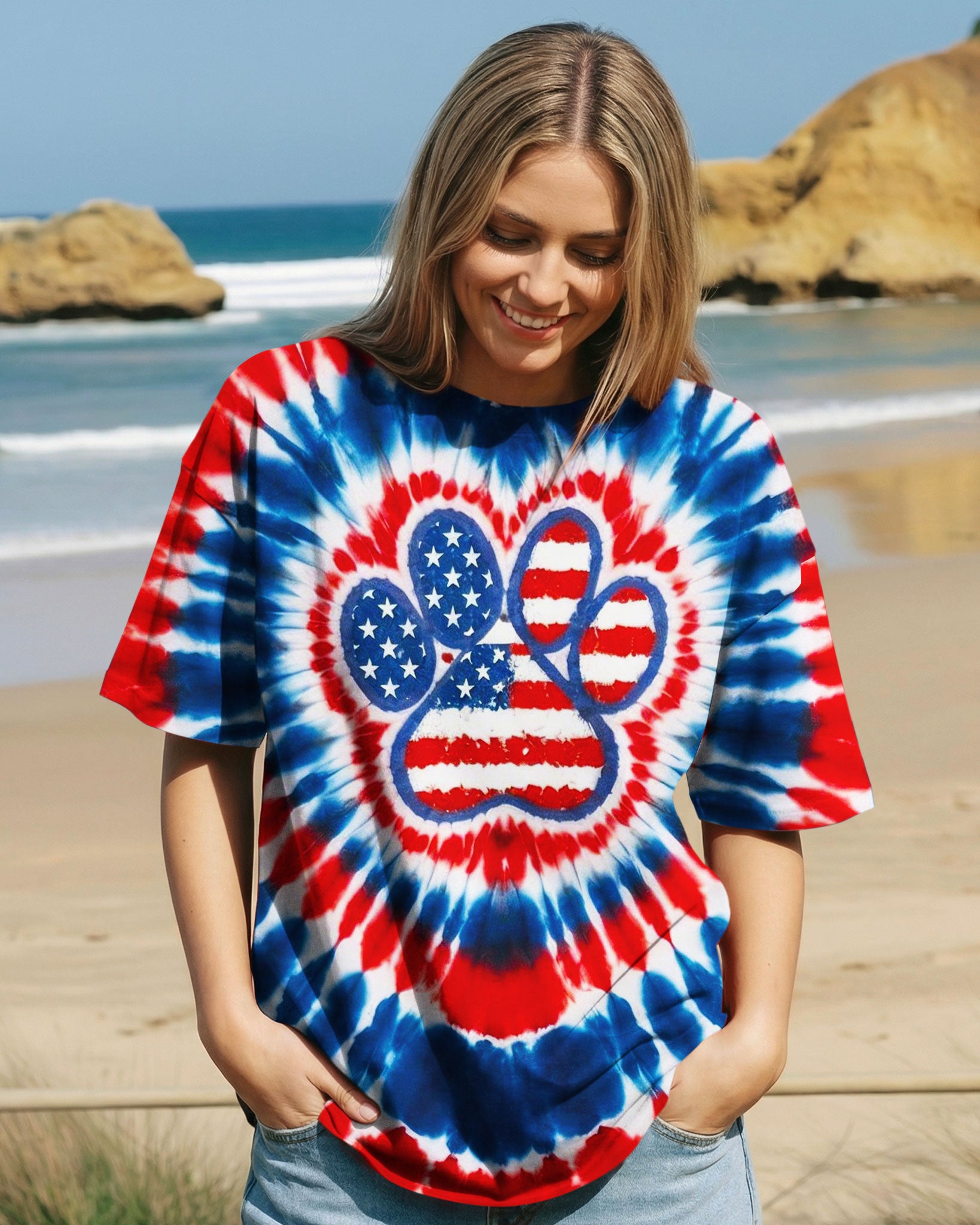 PAW PRINT RED WHITE & BLUE HEART SWIRL ALL OVER PRINT - TLNO1803262