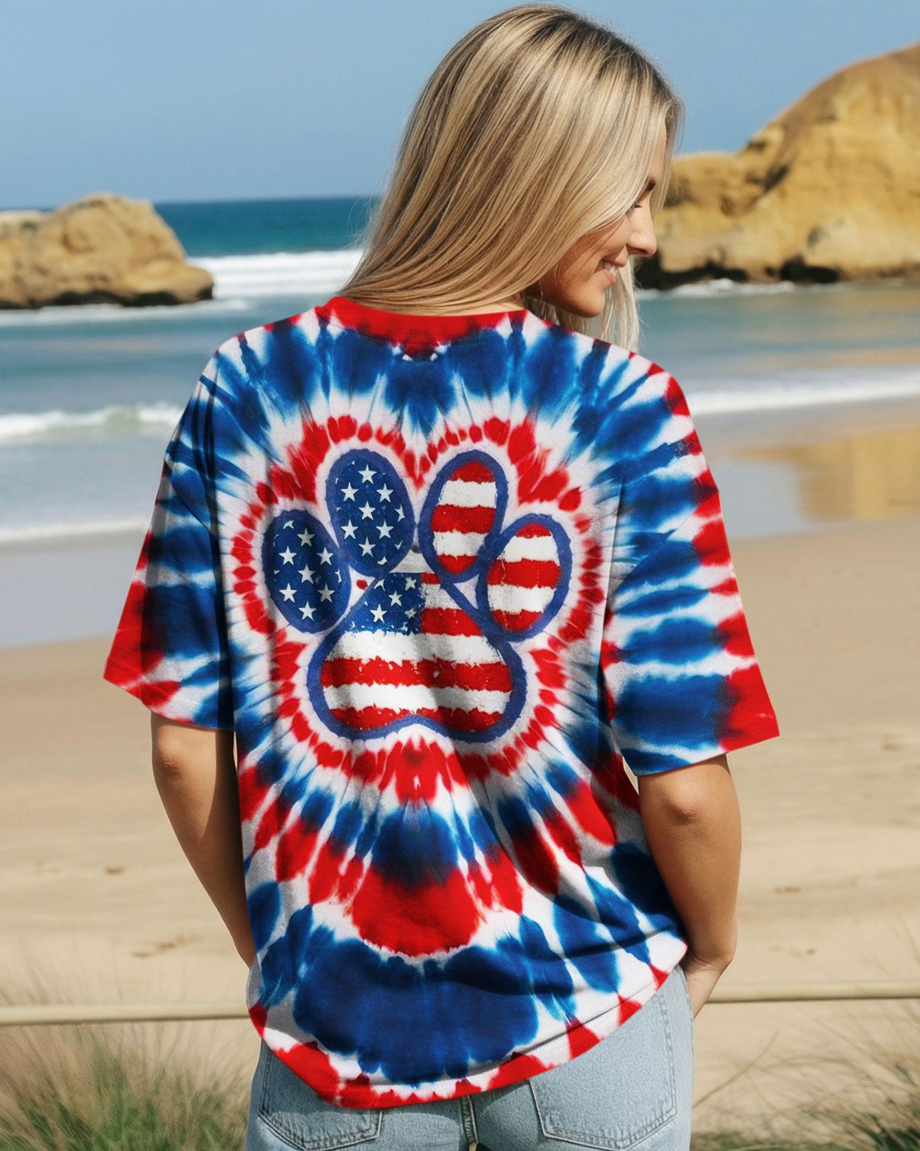 PAW PRINT RED WHITE & BLUE HEART SWIRL ALL OVER PRINT - TLNO1803262