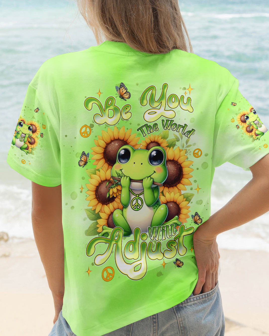 BE YOU THE WORLD WILL ADJUST FROG SUNFLOWER ALL OVER PRINT - TLNT0606253