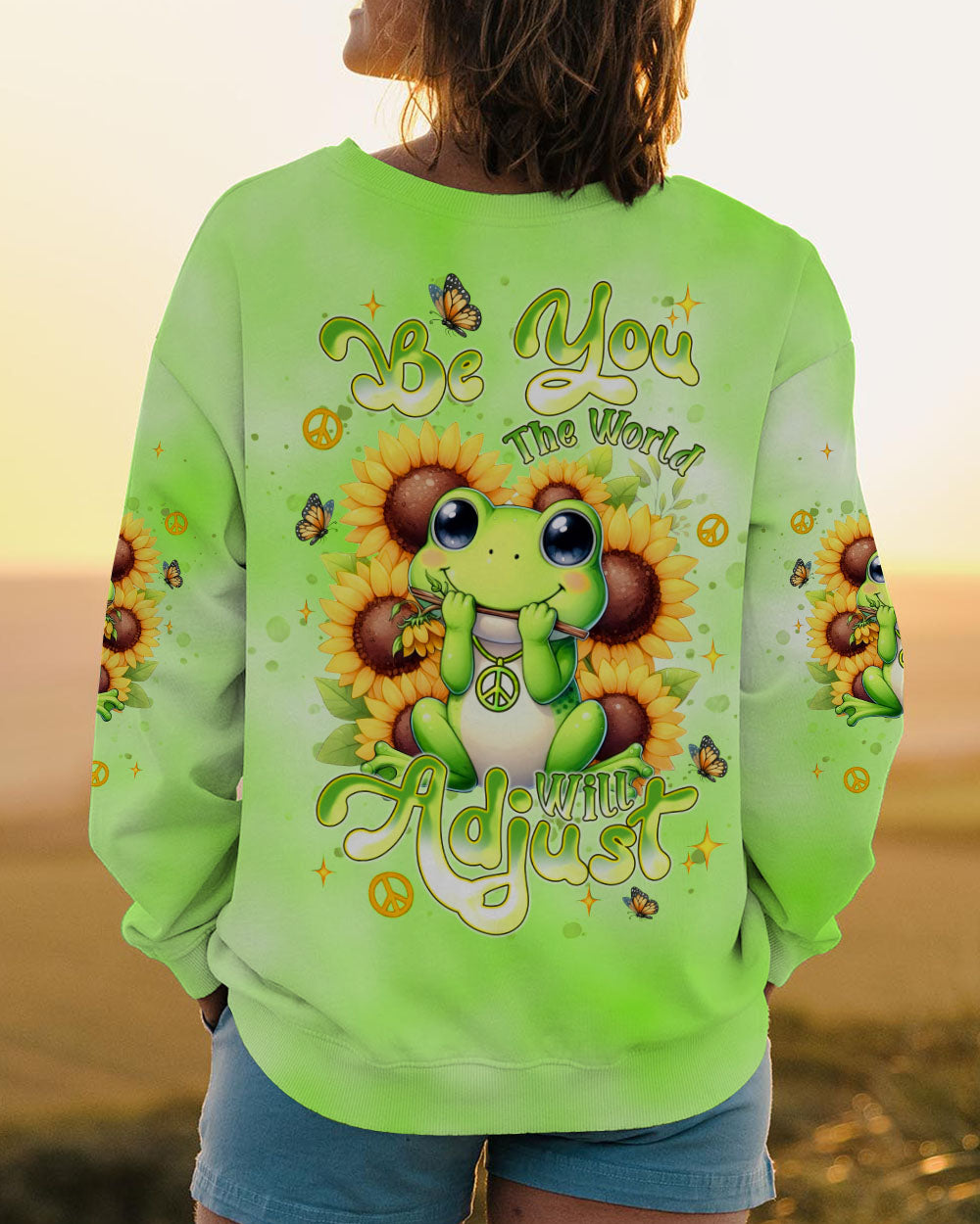 BE YOU THE WORLD WILL ADJUST FROG SUNFLOWER ALL OVER PRINT - TLNT0606253