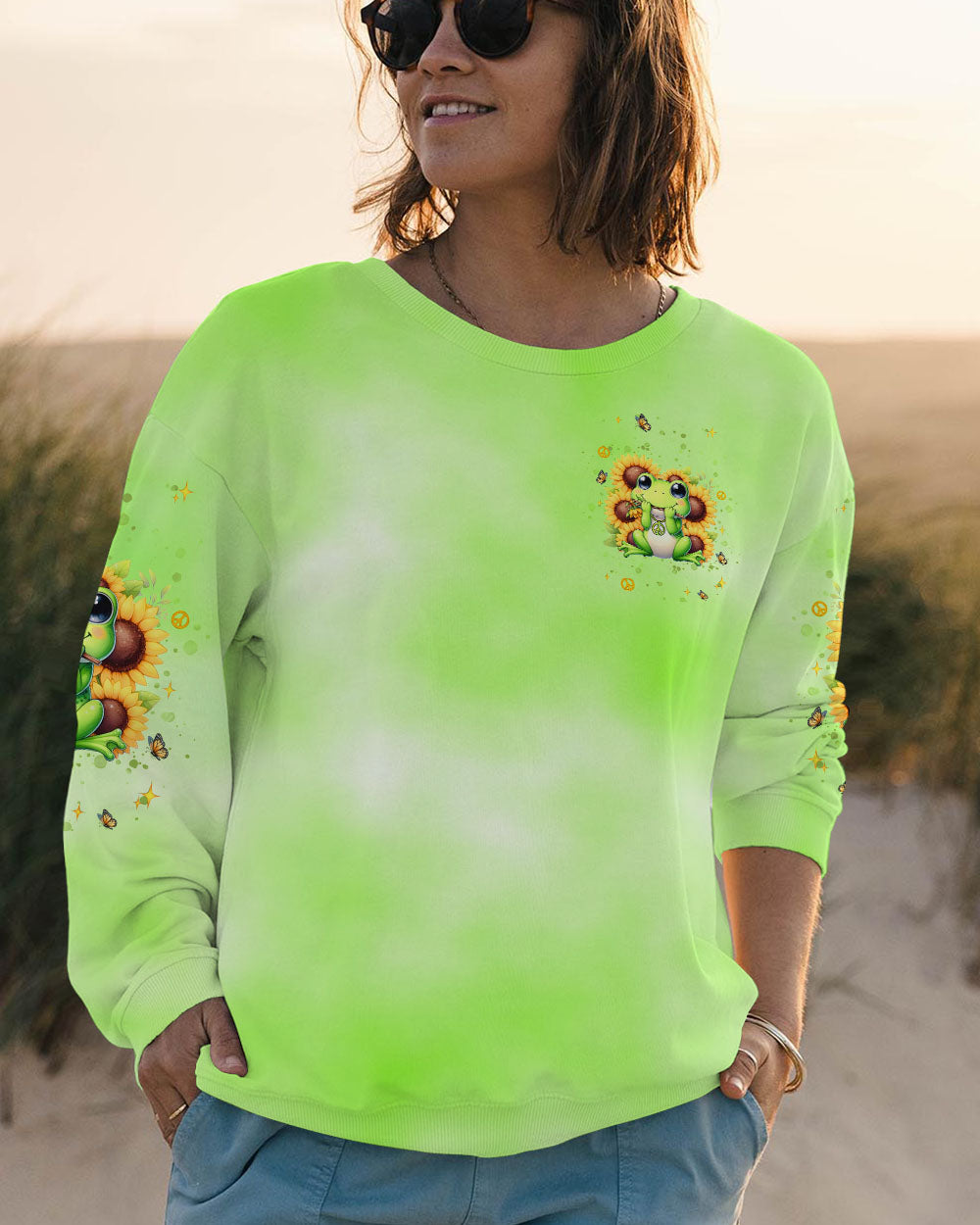 BE YOU THE WORLD WILL ADJUST FROG SUNFLOWER ALL OVER PRINT - TLNT0606253