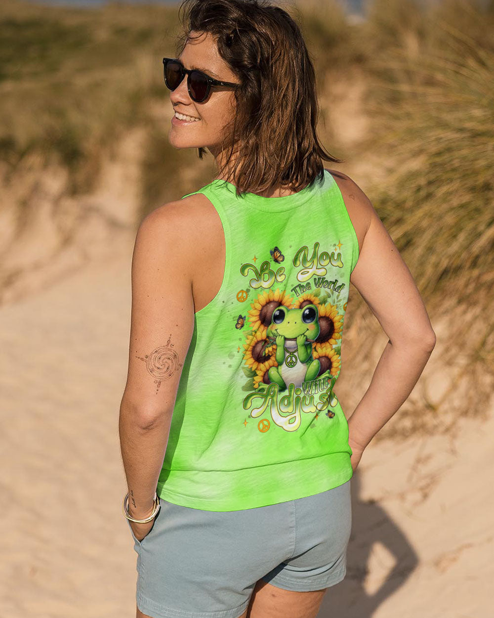 BE YOU THE WORLD WILL ADJUST FROG SUNFLOWER ALL OVER PRINT - TLNT0606253
