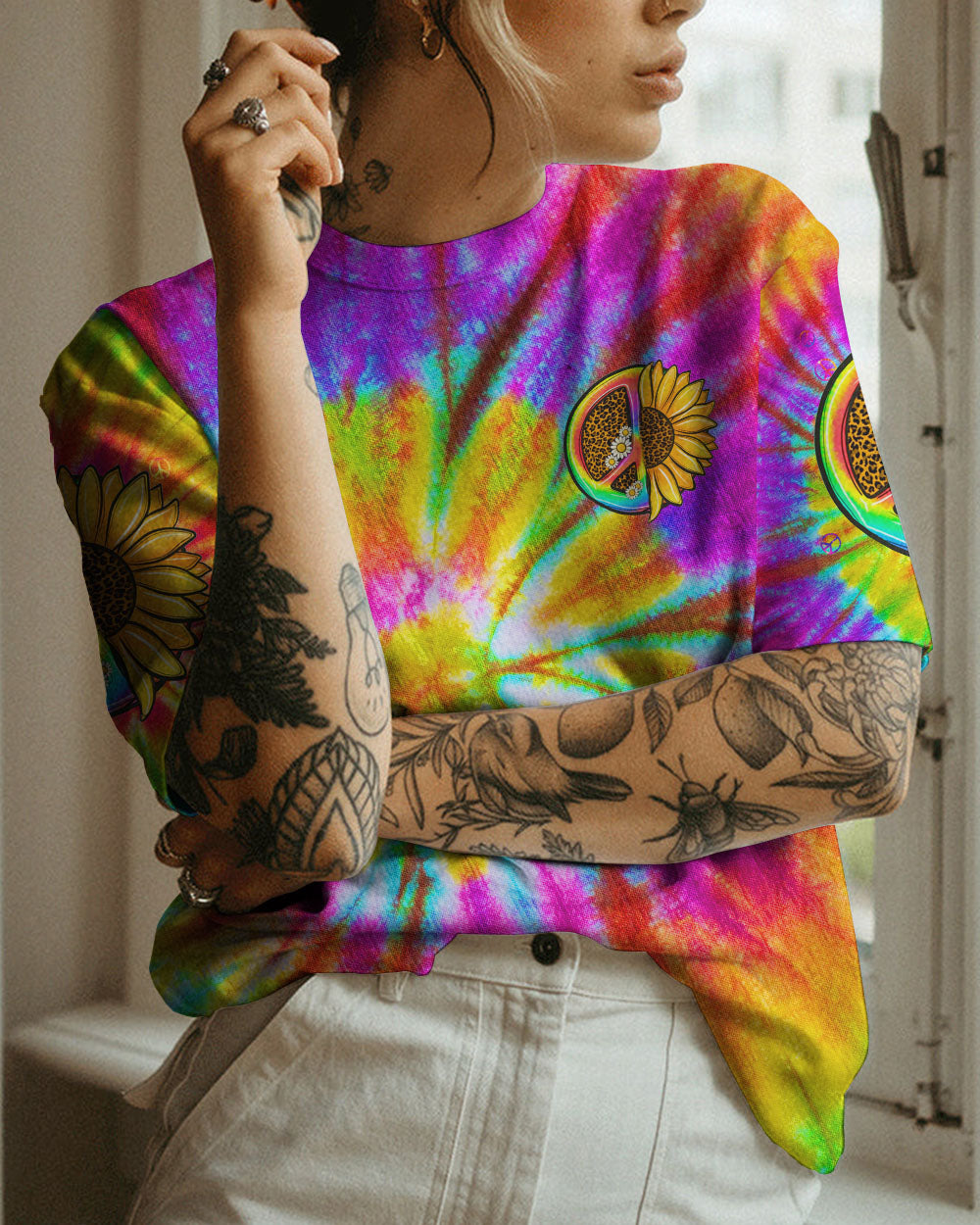 PEACE Y'ALL SUNFLOWER TIE DYE ALL OVER PRINT - TLNZ2706231