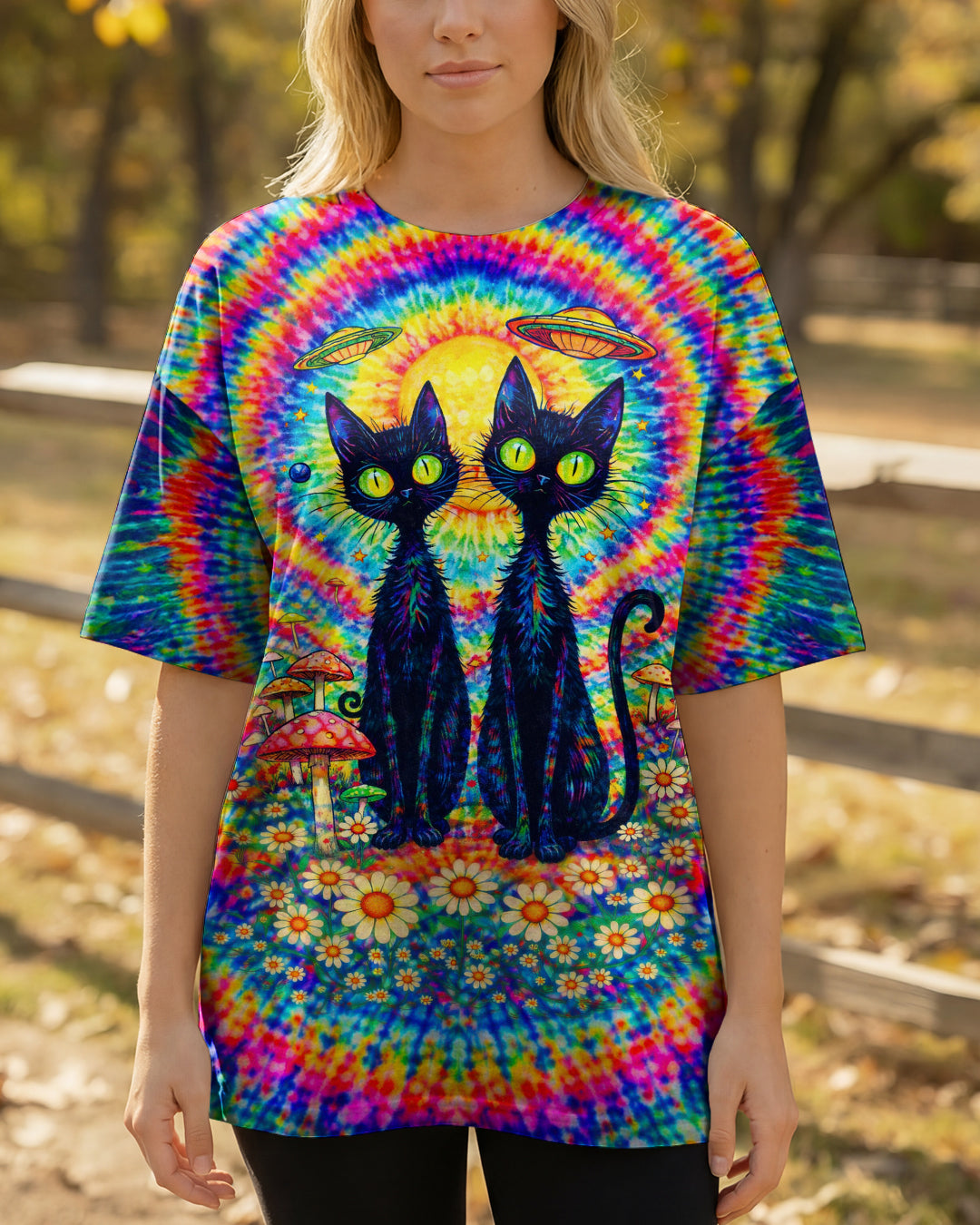 PSYCHEDELIC BLACK CAT COLORFUL SWIRL ALL OVER PRINT - TLTW2801262