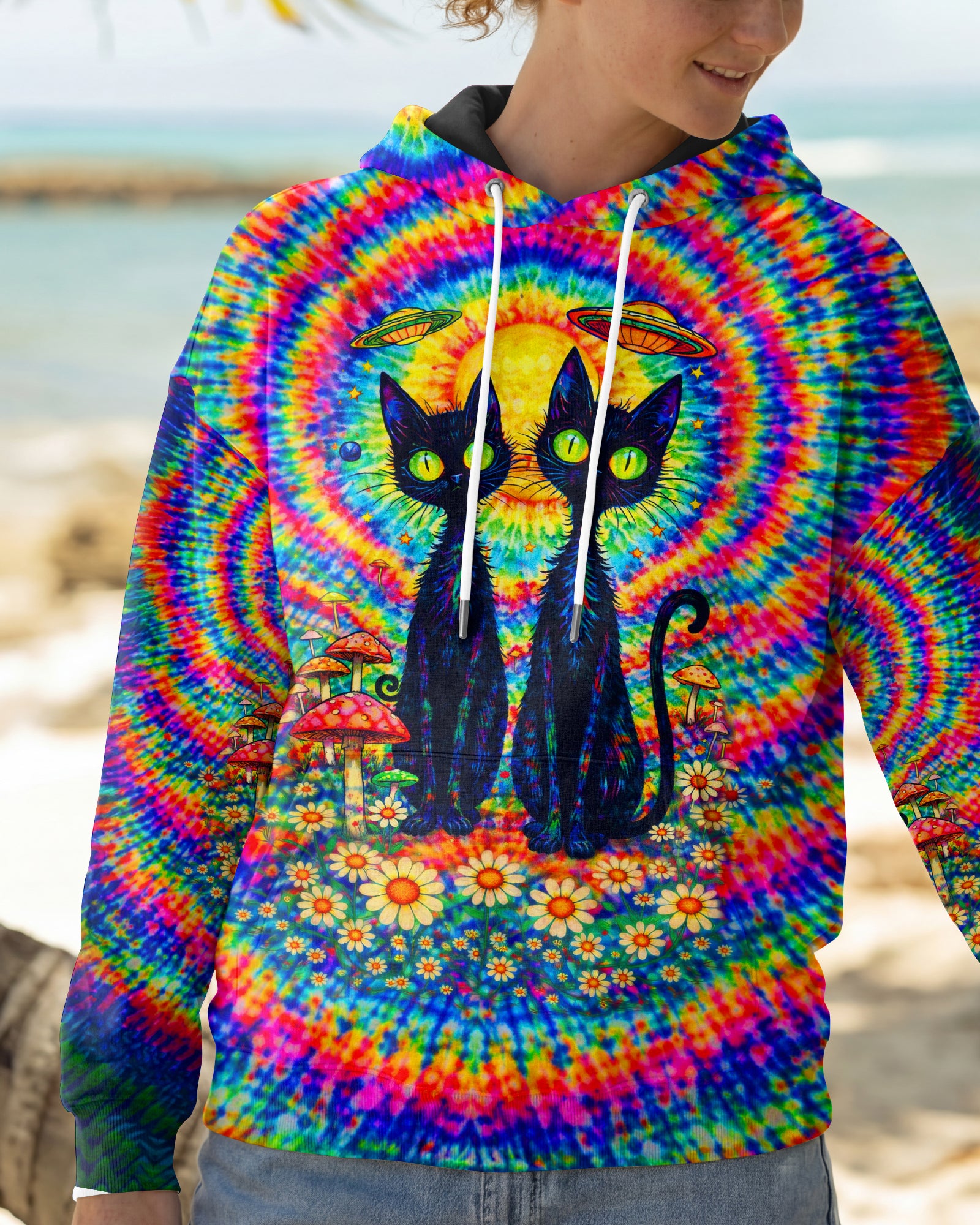 PSYCHEDELIC BLACK CAT COLORFUL SWIRL ALL OVER PRINT - TLTW2801262