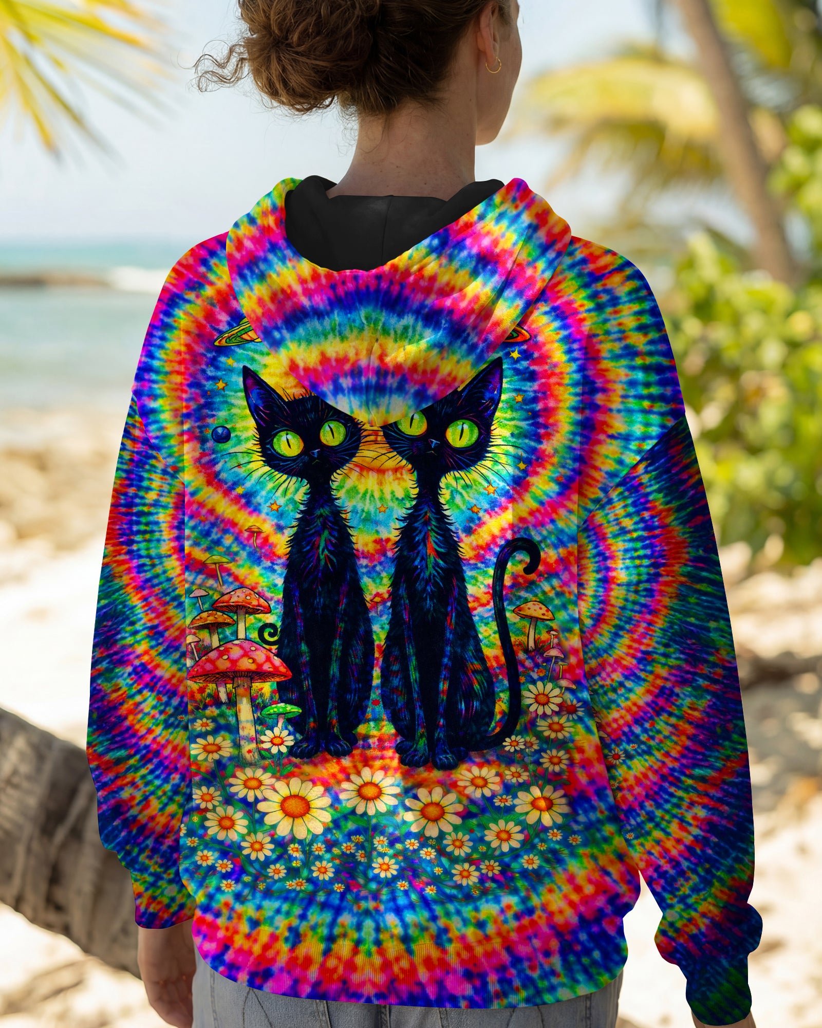 PSYCHEDELIC BLACK CAT COLORFUL SWIRL ALL OVER PRINT - TLTW2801262