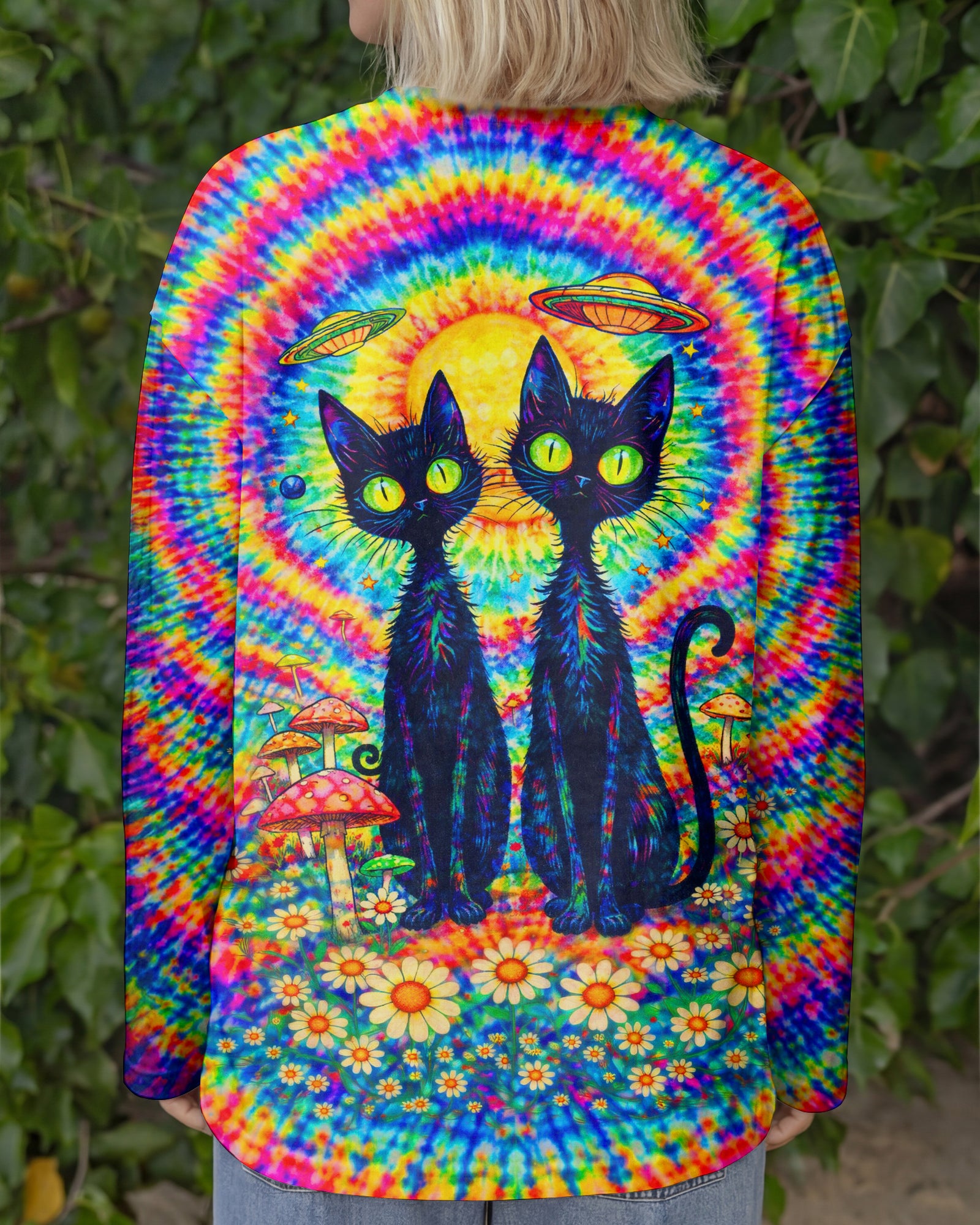 PSYCHEDELIC BLACK CAT COLORFUL SWIRL ALL OVER PRINT - TLTW2801262